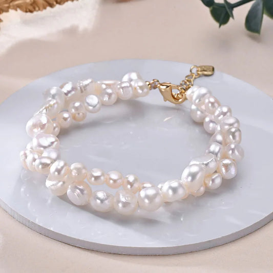 Luckacco HENGSHENG Freshwater 5-6mm 8-9mm White Pearl Double Baroque Bracelet 925 Sterling Silver Fine Jewelry Gifts for Women Girls