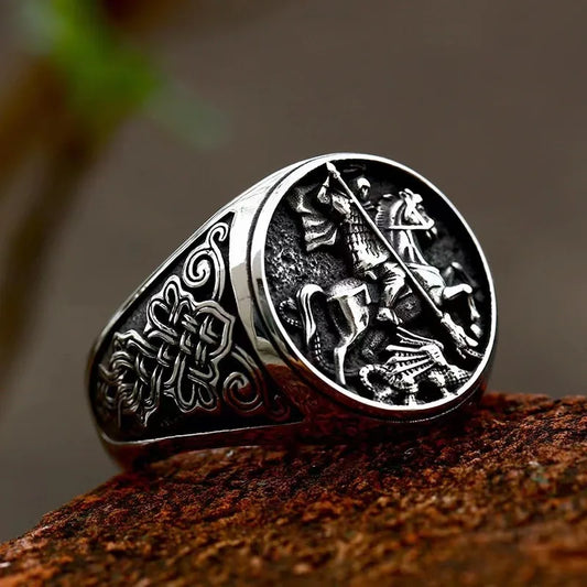 Luckacco Vintage St George and The Dragon Rings for Men Stainless Steel Jewelry Soldier's Protector Courage Luck Ring on The Battlefield