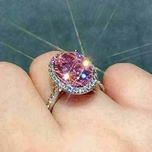 Luckacco Pink Cubic Zirconia Ring Suitable for Women's Engagement Wedding Luxury Accessories Sparkling Silver Fashion Jewelry