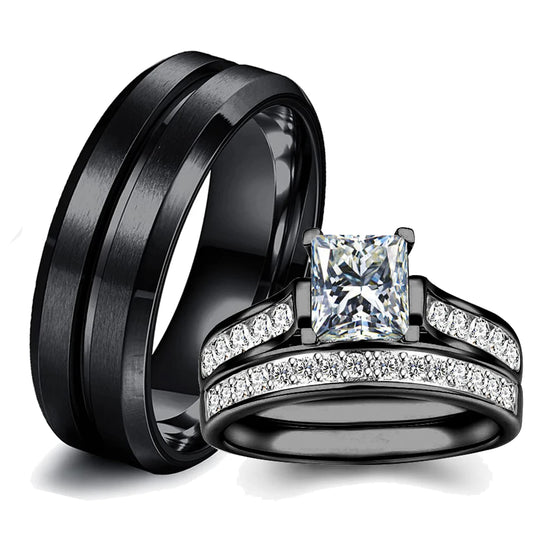 Luckacco Fashion Couple Rings Romantic White Rhinestones CZ Women Rings Set Simpe Men's Stainless Steel Rings For Couple Wedding Jewelry