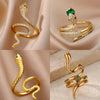 Luckacco Gold Plated Stainless Steel Green Zircon Snake Rings For Women Men Open Adjustable Finger Ring Vintage Gothic Aesthetic Jewelry