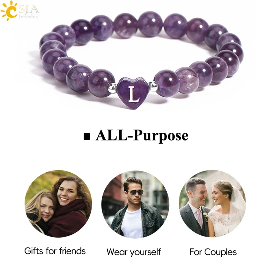 luckacco 26 letter a-z initial heart shape crystal bracelets real natural stone beads amethysts obsidian sodalite bracelet for lover h283