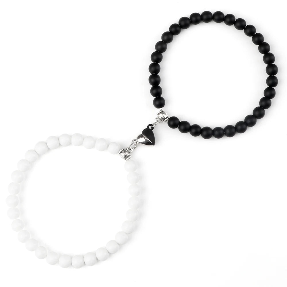luckacco 2pcs/set sliver black color magnet pendant bracelets 6mm 8mm white porcelain black line beads couple bracelet jewelry gift new
