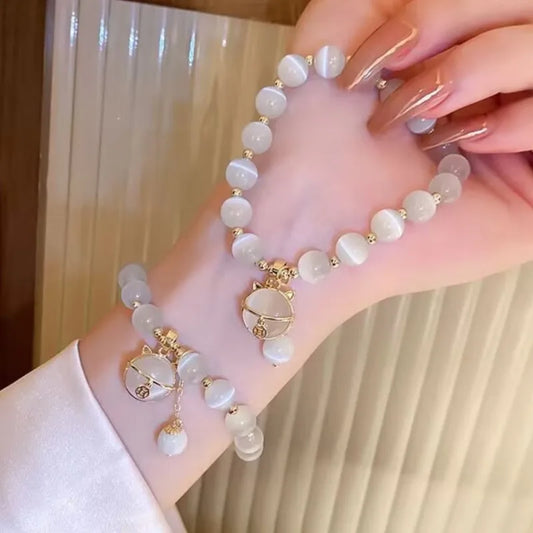 Luckacco Elegant Cat Pendant Opal Beaded Bracelet for Women Cute Handmade Beads Versatile Party Jewelry Grils Perfect Gift