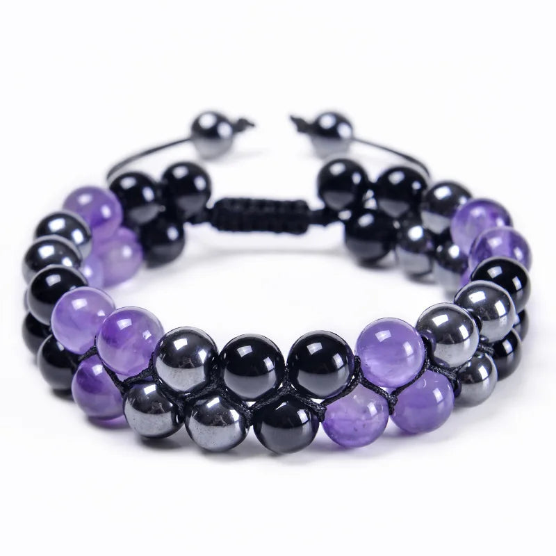 luckacco 8mm natural tiger eye stone adjustable bracelet double layer hand woven  row strand beaded bangles couple party jewelry