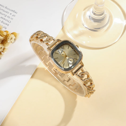 Luckacco Ladies' light luxury fashion bar scale square dial buckle steel strap quartz watch.