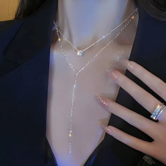 Luckacco New 925 Sterling Silver Trendy Double Layer Choker Long Necklace Full Zircon Round Pendants Women Gift Wedding Jewelry