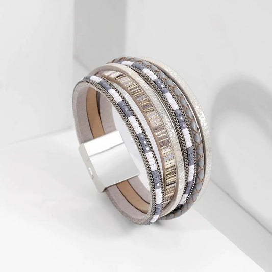 Luckacco Multilayer Brown Leather Bracelet For Women Fashion Creative Bohemian Hand Woven Magnetic Clasp Bracelet