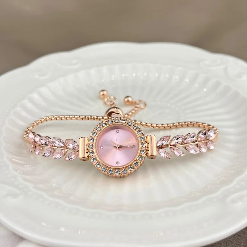 luckacco 2025 new fashion diamond-encrusted leaf round women's watch simple dial freely adjust cross-border gift watches