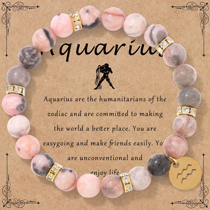 Luckacco MHS.SUN 12 Star Zodiac Sign Pink Zebra Stone Beaded Bracelets Constellation Fashion Birthday Party Jewelry For Women Men