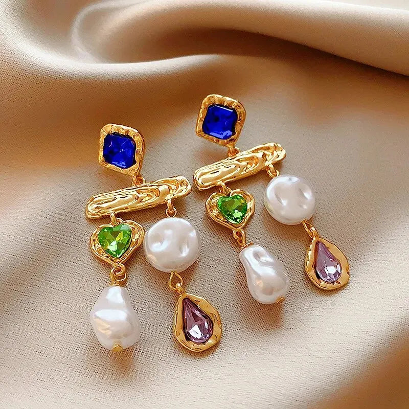 luckacco inlaid rhinestone asymmetrical pearl earrings for women palace style retro fringe drop earring exaggerated jewelry