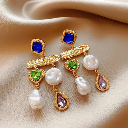 Luckacco Inlaid Rhinestone Asymmetrical Pearl Earrings for Women Palace Style Retro Fringe Drop Earring Exaggerated Jewelry