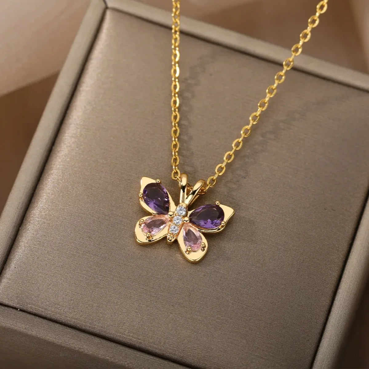 luckacco cute butterfly necklace for women stainless steel crystal purple zircon aesthetic necklaces charms collar choker party jewelry