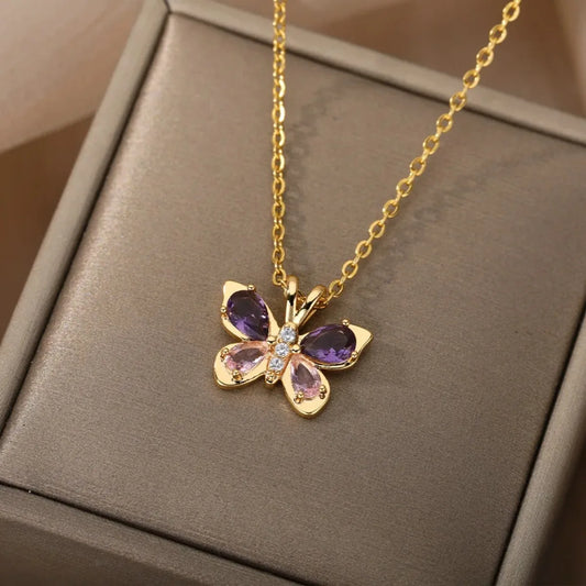 Luckacco Cute Butterfly Necklace For Women Stainless Steel Crystal Purple Zircon Aesthetic Necklaces Charms Collar Choker Party Jewelry