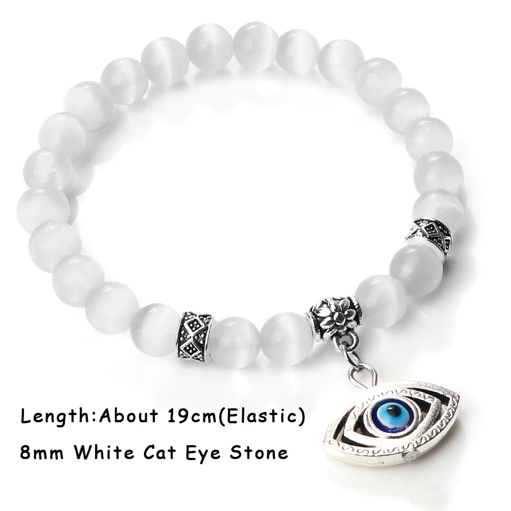 luckacco natural cat eye stone bracelet & bangle for women brief white pink opal beads yoga balance jewelry lucky wristband handmade gift