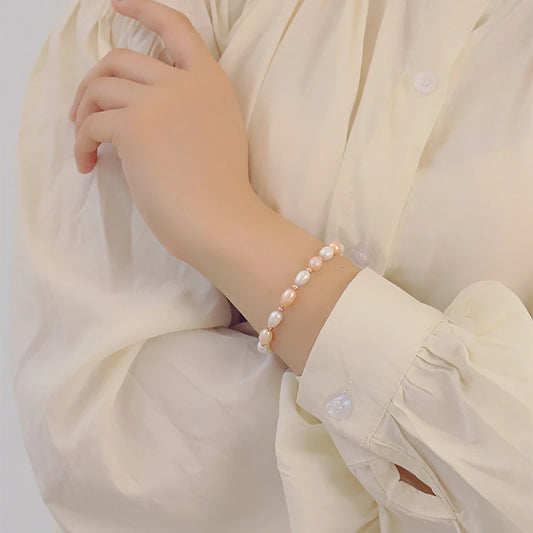 Luckacco Kpop Oval Imitation Pearl Bracelets For Woman Elegant Baroque Champagne Pearl Beads Chain Charm Bracelet Wedding Jewelry