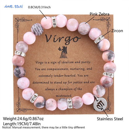 Luckacco MHS.SUN 12 Star Zodiac Sign Pink Zebra Stone Beaded Bracelets Constellation Fashion Birthday Party Jewelry For Women Men