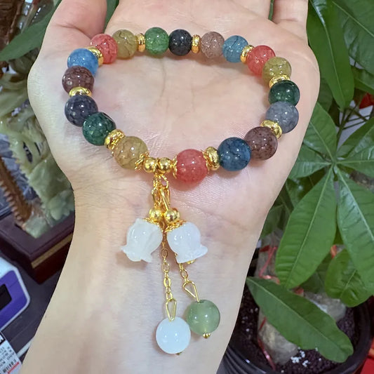 Luckacco Exquisite Natural Stone Bracelet Elegant Lily of The Valley Flower Pendant Elastic Beaded Bracelets for Women Party Jewelry Gift