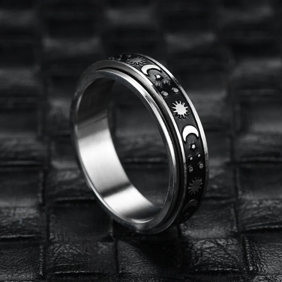 luckacco vintage stainless steel sun moon star rotating spinning wedding promise anniversary statement band ring jewelry