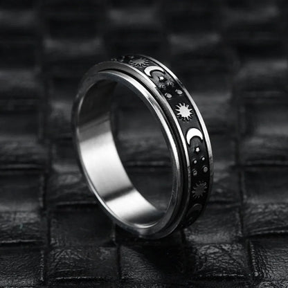 Luckacco Vintage Stainless Steel Sun Moon Star Rotating Spinning Wedding Promise Anniversary Statement Band Ring Jewelry