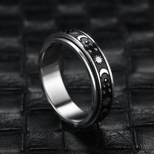 Luckacco Vintage Stainless Steel Sun Moon Star Rotating Spinning Wedding Promise Anniversary Statement Band Ring Jewelry