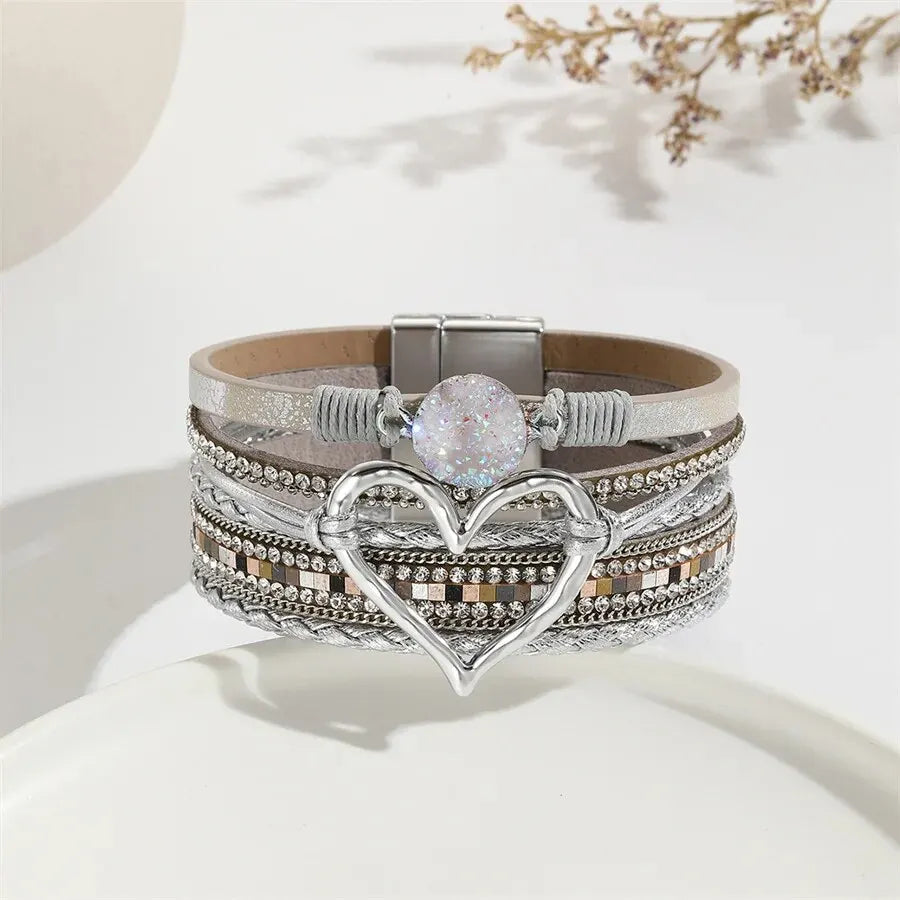 luckacco new metal love heart charm leather bracelets for women fashion bohemian rhinestone resin wrap bracelet bangle couple jewelry