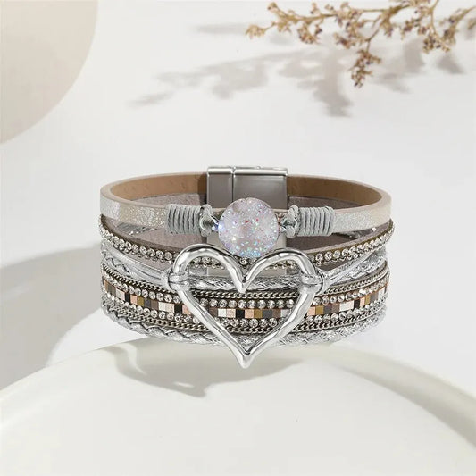 Luckacco New Metal Love Heart Charm Leather Bracelets for Women Fashion Bohemian Rhinestone Resin Wrap Bracelet Bangle Couple Jewelry