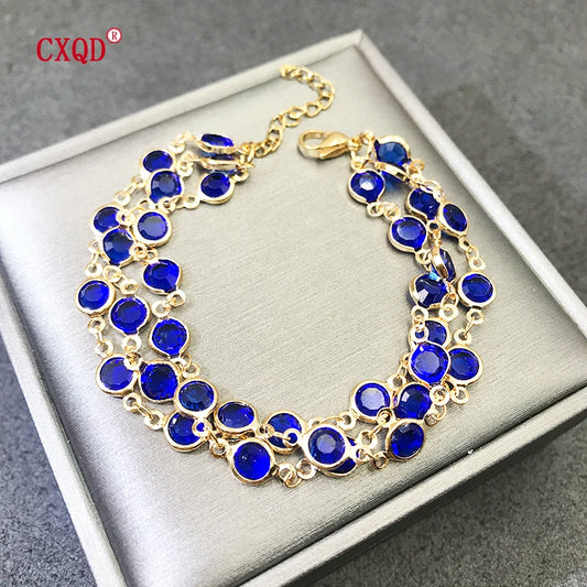 Luckacco Beautiful Fashion Multicolor Stainless Steel Lobster Clasp Glass Copper Combination Golden Bracelets For Women Girls Kids Gift