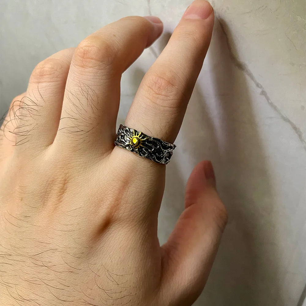 luckacco retro golden sun ring for men silver color punk gothic trendy open ring handmade designer jewelry unisex accessories lovers gift