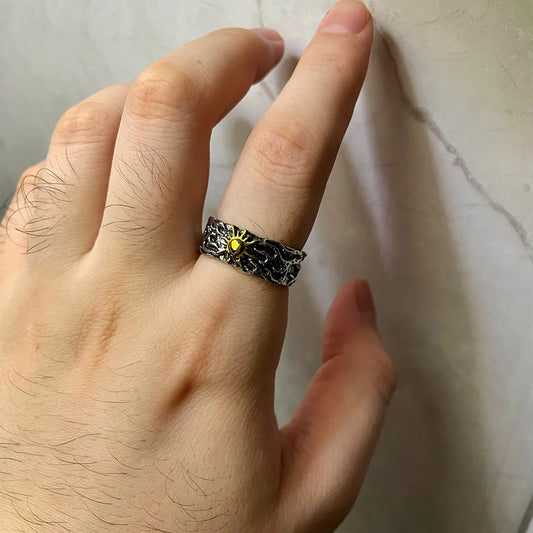 Luckacco Retro Golden Sun Ring For Men SIlver Color Punk Gothic Trendy Open Ring Handmade Designer Jewelry Unisex Accessories Lovers Gift