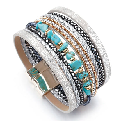 Luckacco ALLYES Natural Stone Leather Bracelet for Women Charm Retro Multilayer Crystal Snake Skin Wide Bracelets & Bangles Jewelry Gifts