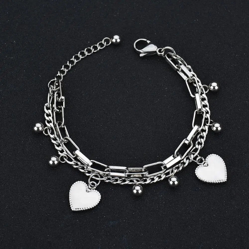 luckacco punk double layer love heart charm bracelet female 19cm gold silver color stainless steel chain link bracelets for women jewelry
