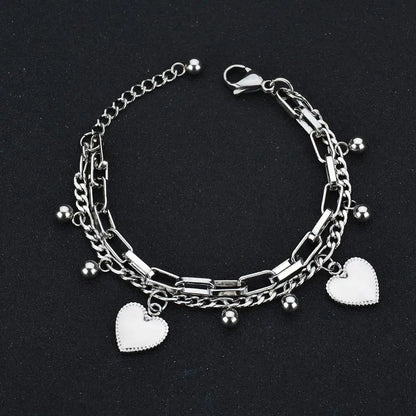 Luckacco Punk Double Layer Love Heart Charm Bracelet Female 19cm Gold Silver Color Stainless Steel Chain Link Bracelets for Women Jewelry