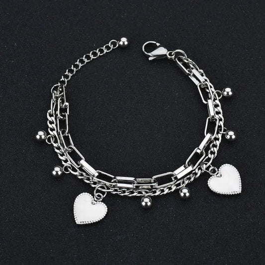 Luckacco Punk Double Layer Love Heart Charm Bracelet Female 19cm Gold Silver Color Stainless Steel Chain Link Bracelets for Women Jewelry