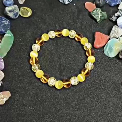 Luckacco Handmade Cat's Eye Stone Bracelet Yellow Natural Crystal Beaded Bangle for Attract Wealth Jewelry Men Women Positive Energy Gift