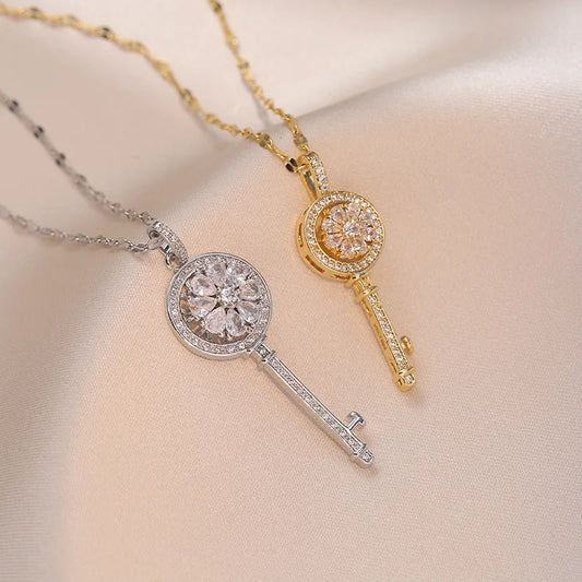 Luckacco Fashion Vintage Zircon Key Pendant Necklaces for Women Classic Stainless Steel Jewelry Accessories Gifts for Lover