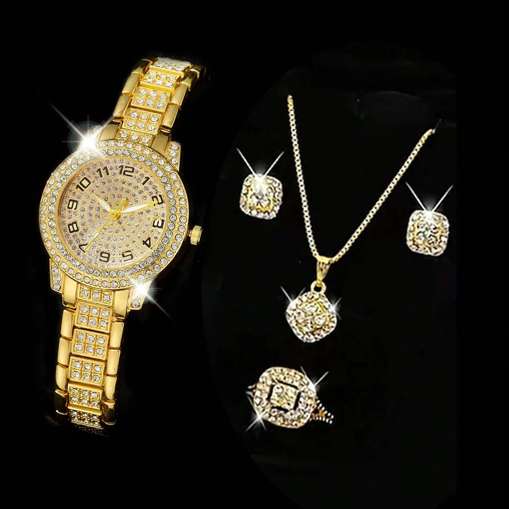 luckacco luxury women gold watch fashion ladies quartz diamond wristwatch elegant female bracelet watches set reloj mujer