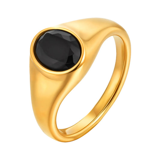 Luckacco Colorful Zircon Seal Ring For Women, 316L Stainless Steel Green Black Blue Red White CZ Rings, Gold Plated Engagement Jewelry