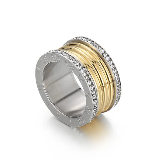 Luckacco Elegant Stainless Steel Large Rings for Women Roman Alphabet Shiny Zircon Ring Chunky Anillos Mujer Party Wedding Jewelry Luxury