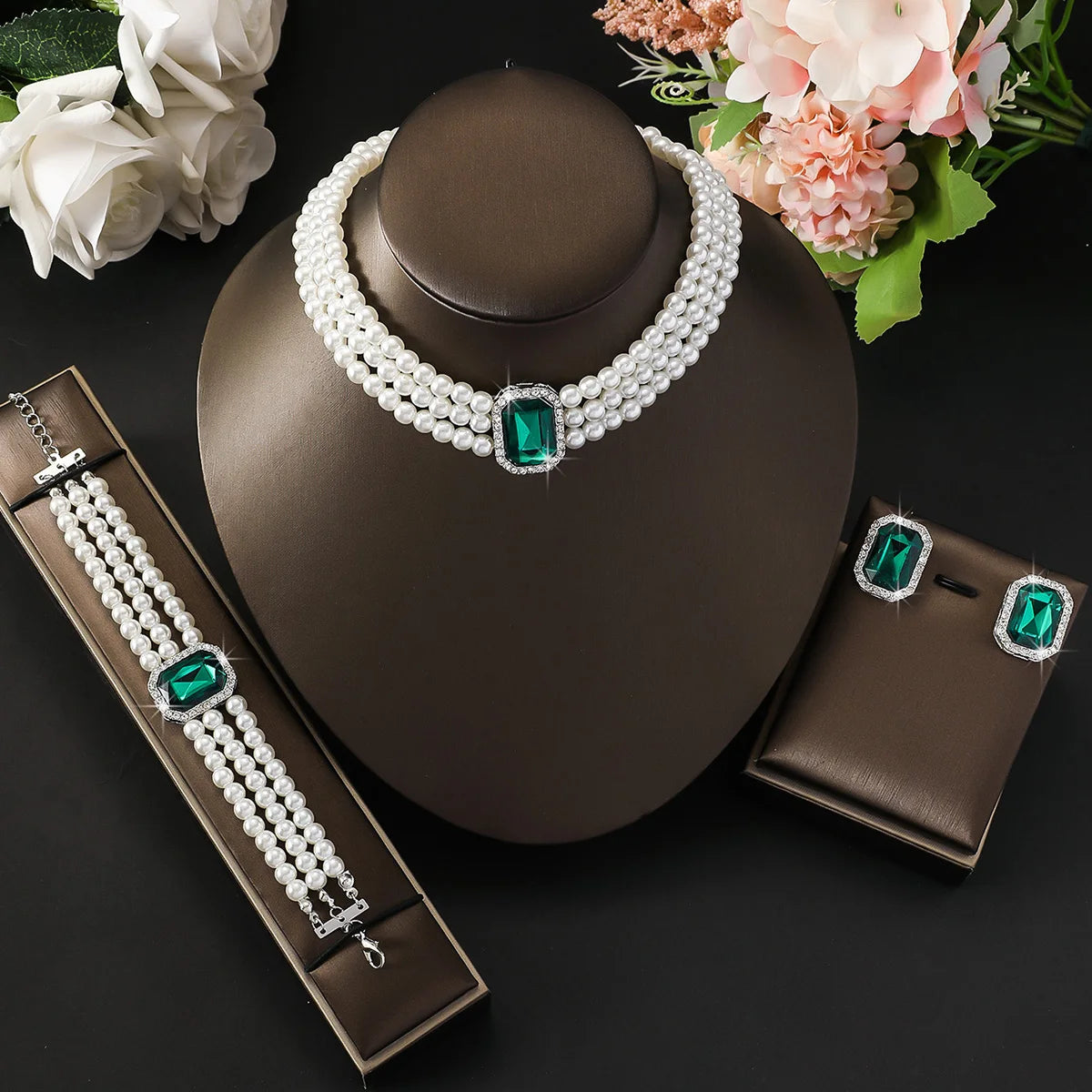 luckacco 4pc women's fashion light luxury short style imitation pearl turquoise necklace earrings bracelet jewelry set party festival gif