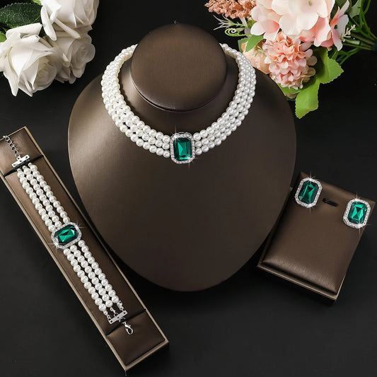 Luckacco 4PC Women's Fashion Light Luxury Short Style Imitation Pearl Turquoise Necklace Earrings Bracelet Jewelry Set Party Festival Gif