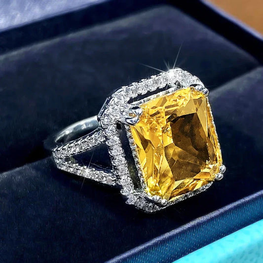 Luckacco 2025 Big Geometric Yellow Cubic Zirconia Rings Women Temperament Accessories for Wedding Anniversary Party New Trendy Jewelry