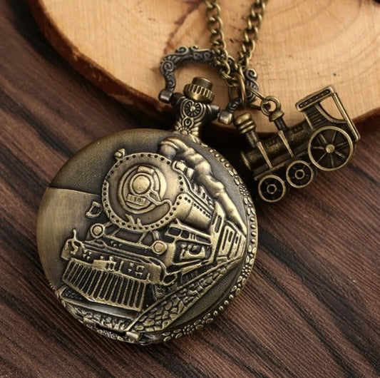 Luckacco Vintage Classic Steampunk Train Quartz Pocket Watch with Necklace Chain Pendant Souvenir Gift Clock for Male Men and Kids