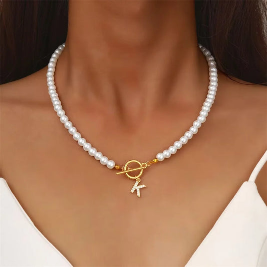 Luckacco Plastic Pearl Chain Obuckle Necklace Set With Crystal  26 Letter Pendant Collarbone Chain Name Necklace