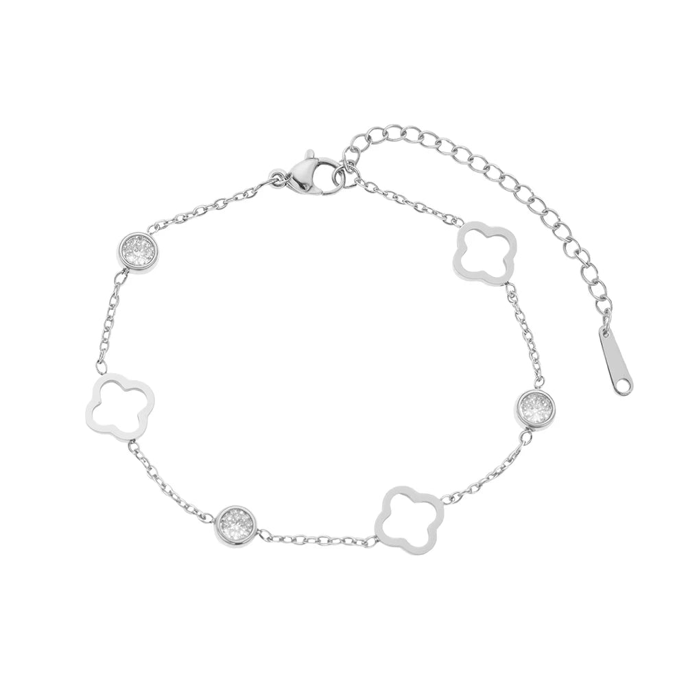 luckacco stainless steel lucky hollow clover crystal zirconia bracelet simple and generous design wrist jewelry for women's daily wear