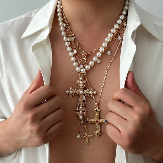 Luckacco Ingemark Vintage Creative Big Imitation Pearl Jesus Cross Pendant Choker Necklace for Men Luxury Adjustable Chain Grunge Jewelry