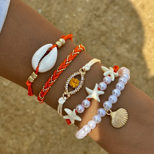 Luckacco 5Pcs Bohemia Shell Starfish Bracelet Set For Women Imitation Pearl Evil Eye Multilayer Beaded Bangles Sand Beach Party Jewelry
