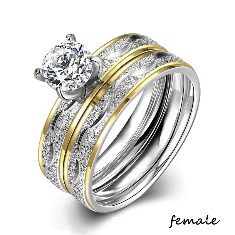 luckacco couple rings exquisite women rhinestones zirconia rings set simple gold color men stainless steel cz stone rings wedding jewelry