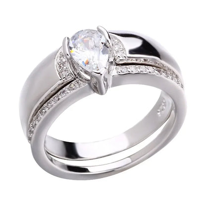 Luckacco Exquisite Women Silver Color Waterdrop Metal Inlaid White Round Zicron Stones Ring Set Wedding Engagement Rings Jewelry