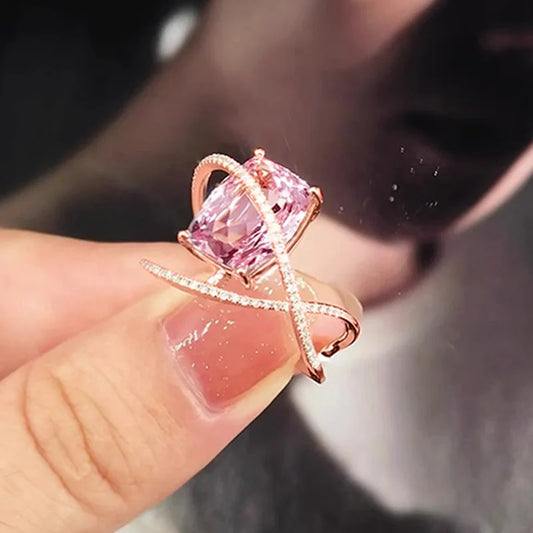 Luckacco Pink Cubic Zirconia Ring Suitable for Women's Engagement Wedding Luxury Accessories Sparkling Silver Fashion Jewelry